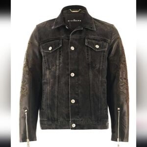 John Richmond - Denim and Laser Cut Leather Jacket in Black Large